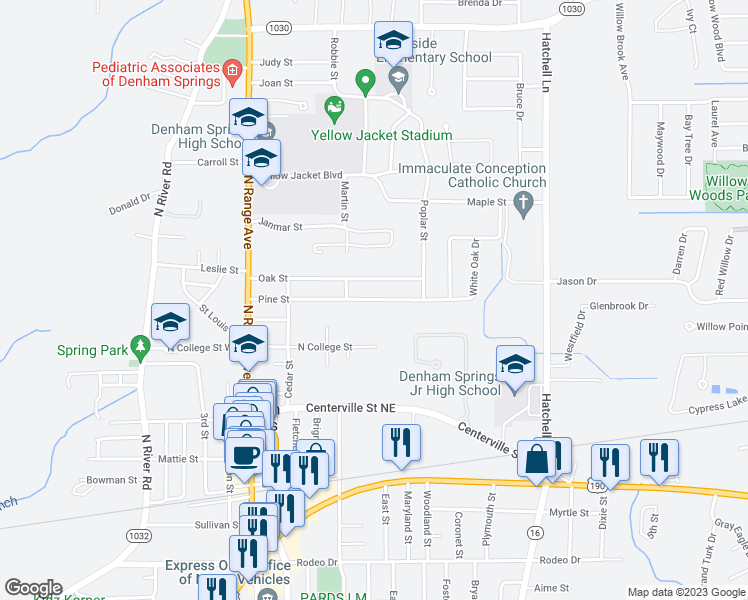 map of restaurants, bars, coffee shops, grocery stores, and more near 320 Pine Street in Denham Springs
