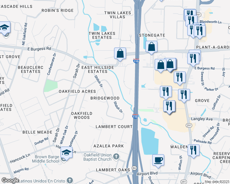 map of restaurants, bars, coffee shops, grocery stores, and more near 464 Shiloh Drive in Pensacola