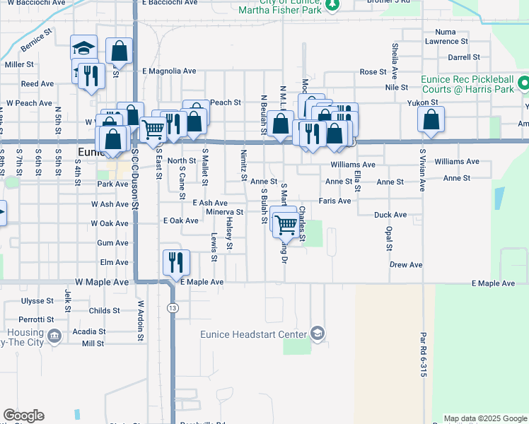 map of restaurants, bars, coffee shops, grocery stores, and more near 433 South Bulah Street in Eunice