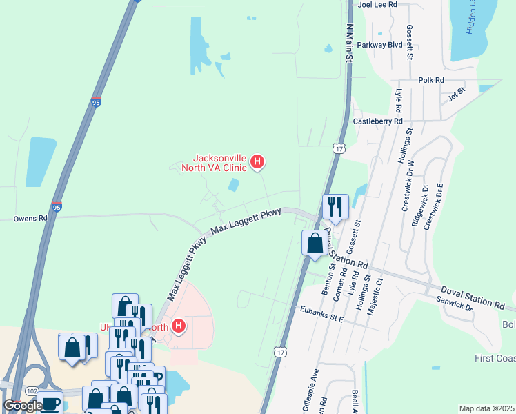 map of restaurants, bars, coffee shops, grocery stores, and more near 15868-15898 Max Leggett Parkway in Jacksonville