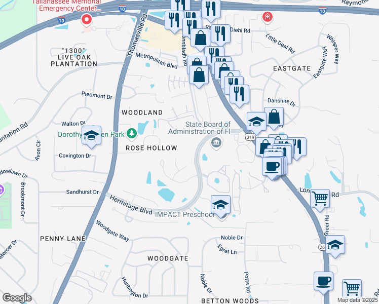 map of restaurants, bars, coffee shops, grocery stores, and more near 1480 Saint Charles Place in Tallahassee