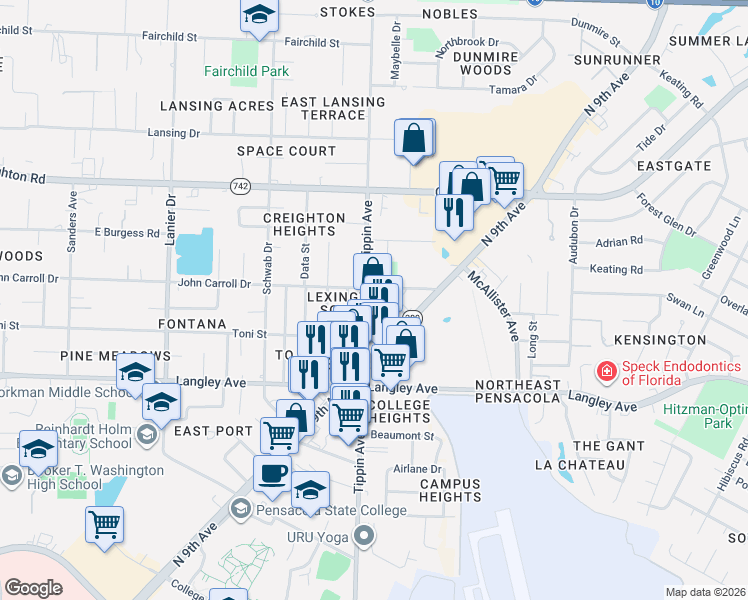map of restaurants, bars, coffee shops, grocery stores, and more near 6430 Tippin Avenue in Pensacola