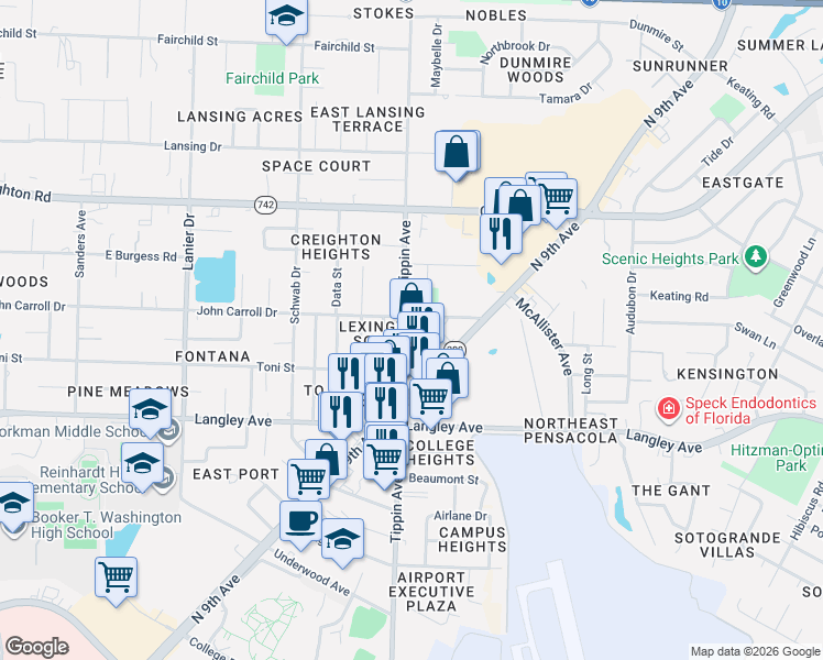 map of restaurants, bars, coffee shops, grocery stores, and more near 6430 Tippin Avenue in Pensacola