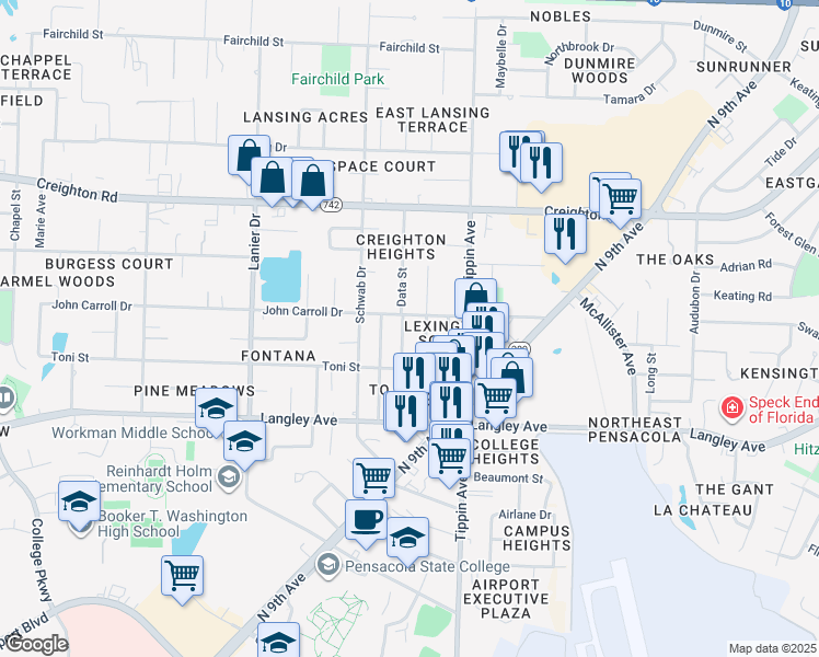 map of restaurants, bars, coffee shops, grocery stores, and more near 6460 Judkins Drive in Pensacola