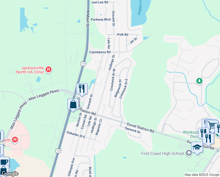 map of restaurants, bars, coffee shops, grocery stores, and more near 14042 Crestwick Drive West in Jacksonville