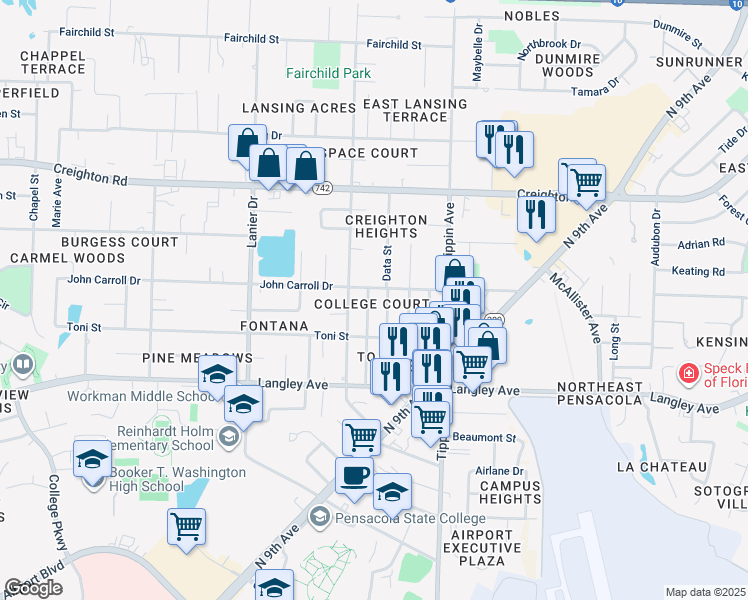 map of restaurants, bars, coffee shops, grocery stores, and more near 6410 Beauclair Drive in Pensacola