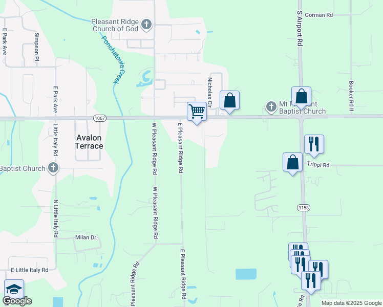 map of restaurants, bars, coffee shops, grocery stores, and more near 43466 Pleasant Ridge Road Extension in Ponchatoula