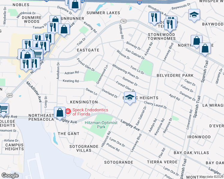 map of restaurants, bars, coffee shops, grocery stores, and more near 3641 Cherry Laurel Drive in Pensacola
