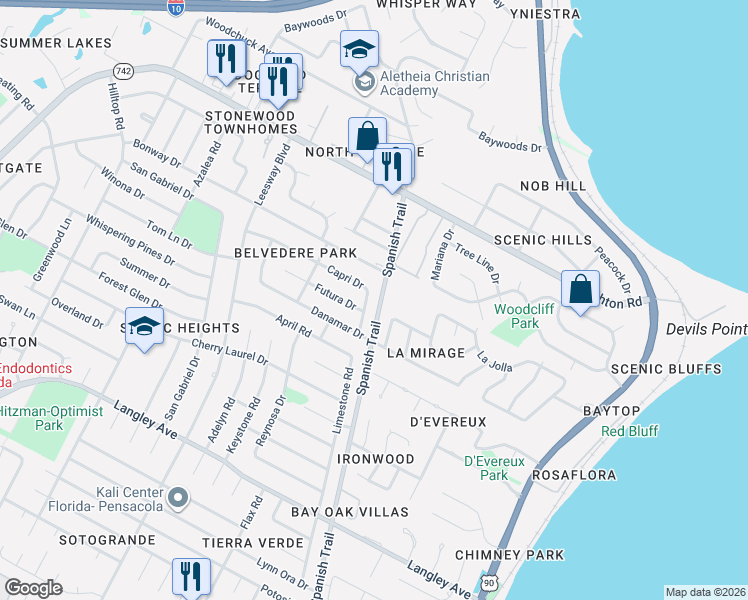 map of restaurants, bars, coffee shops, grocery stores, and more near 4242 Capri Drive in Pensacola