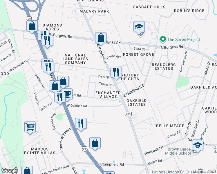 map of restaurants, bars, coffee shops, grocery stores, and more near 114 Travis Street in Pensacola
