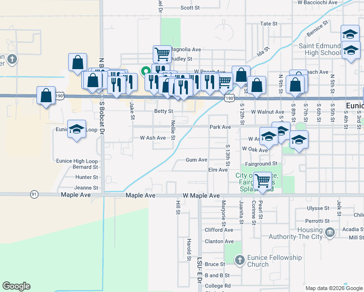map of restaurants, bars, coffee shops, grocery stores, and more near 1498 West Ash Avenue in Eunice