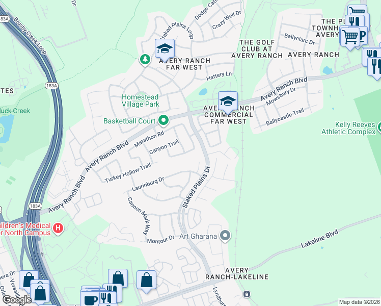 map of restaurants, bars, coffee shops, grocery stores, and more near 11121 Persimmon Gap Drive in Austin