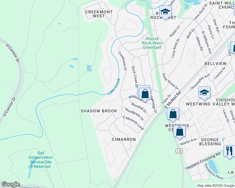map of restaurants, bars, coffee shops, grocery stores, and more near 1710 Cedar Creek Cove in Round Rock