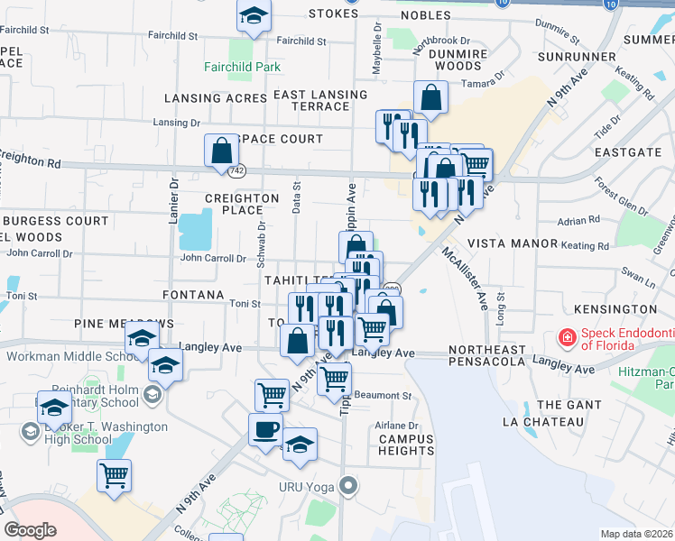 map of restaurants, bars, coffee shops, grocery stores, and more near 6464 Concord Way in Pensacola