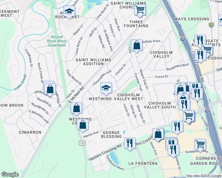 map of restaurants, bars, coffee shops, grocery stores, and more near 1713 Tamra Court in Round Rock