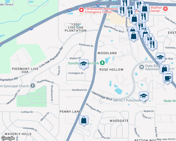map of restaurants, bars, coffee shops, grocery stores, and more near 3208 Thomasville Road in Tallahassee