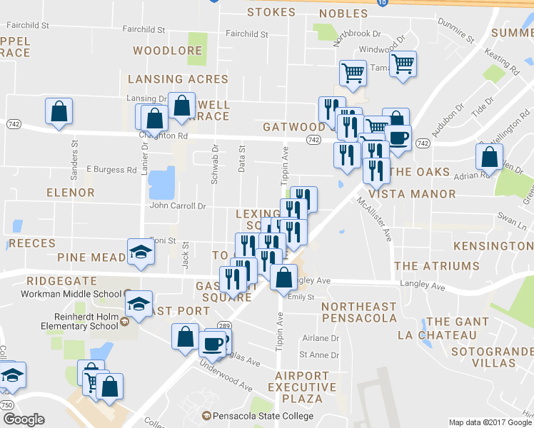 map of restaurants, bars, coffee shops, grocery stores, and more near 6469 Concord Way in Pensacola