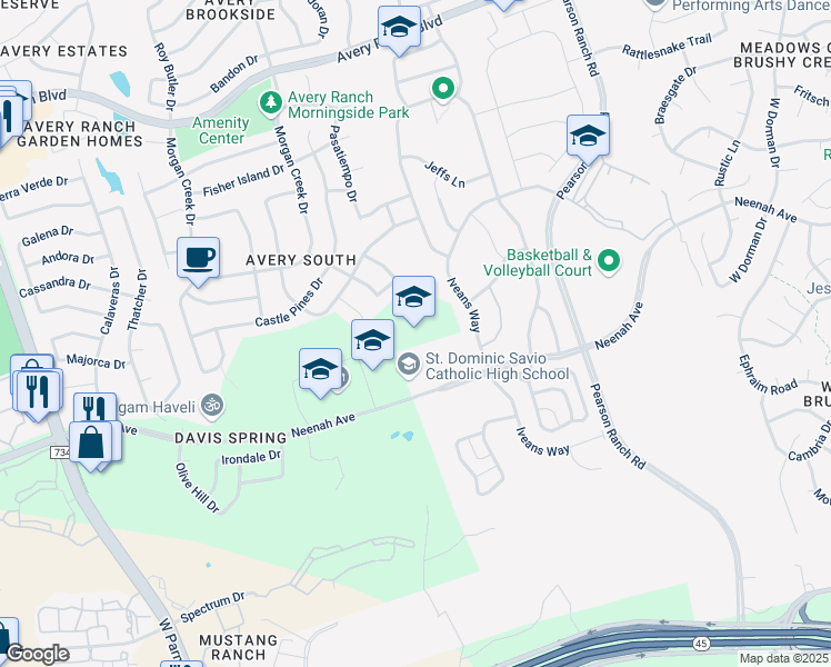 map of restaurants, bars, coffee shops, grocery stores, and more near 9300 Neenah Avenue in Austin