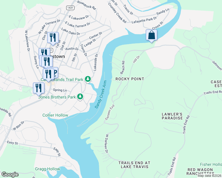 map of restaurants, bars, coffee shops, grocery stores, and more near 10800 Beach Road in Leander