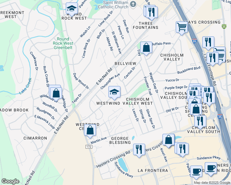 map of restaurants, bars, coffee shops, grocery stores, and more near 1713 Tamra Court in Round Rock