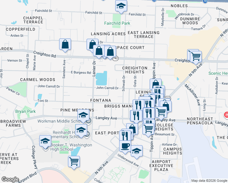 map of restaurants, bars, coffee shops, grocery stores, and more near 1920 John Carroll Drive in Pensacola