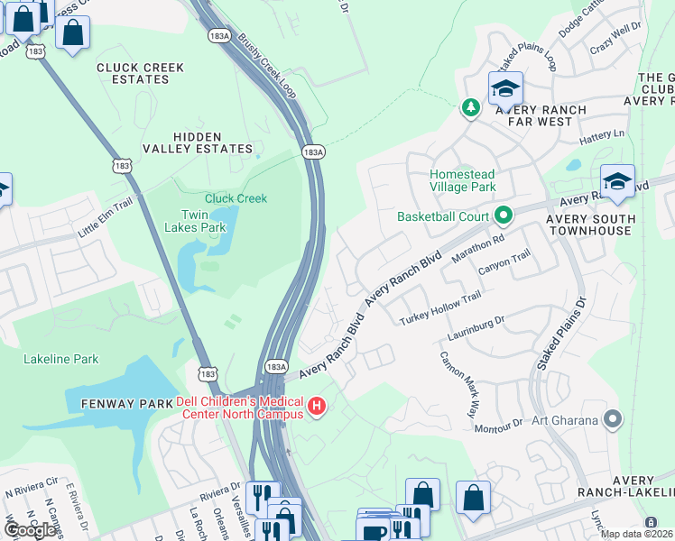 map of restaurants, bars, coffee shops, grocery stores, and more near 12406 Maypole Bend in Austin