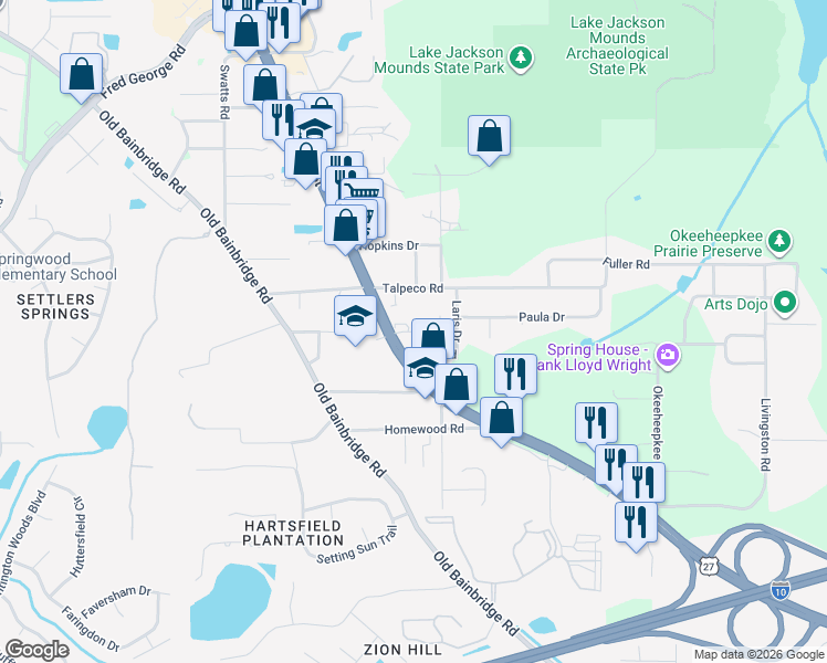 map of restaurants, bars, coffee shops, grocery stores, and more near 1746 Ruby Road in Tallahassee