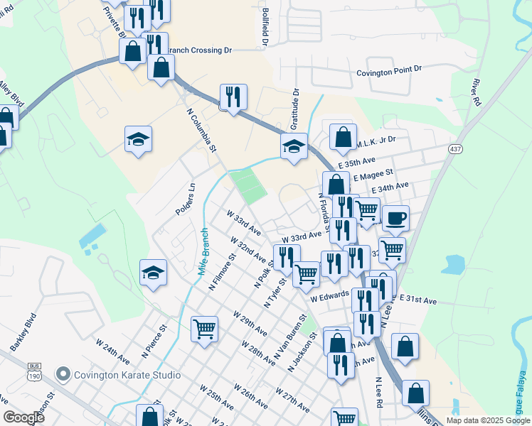 map of restaurants, bars, coffee shops, grocery stores, and more near 1320 North Columbia Street in Covington