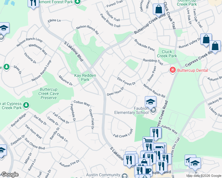 map of restaurants, bars, coffee shops, grocery stores, and more near 1500 Deer Ledge Trail in Cedar Park