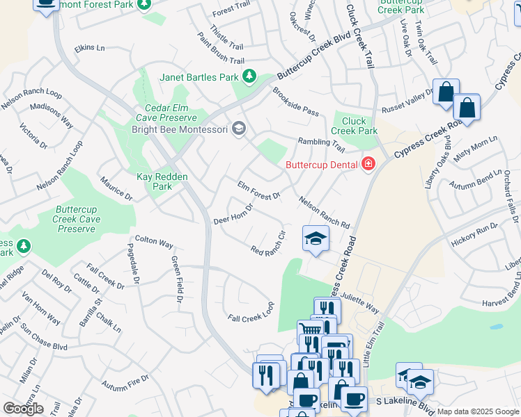 map of restaurants, bars, coffee shops, grocery stores, and more near 1105 Red Ranch Circle in Cedar Park