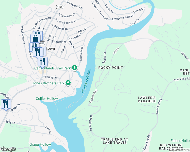 map of restaurants, bars, coffee shops, grocery stores, and more near 10800 Beach Road in Leander