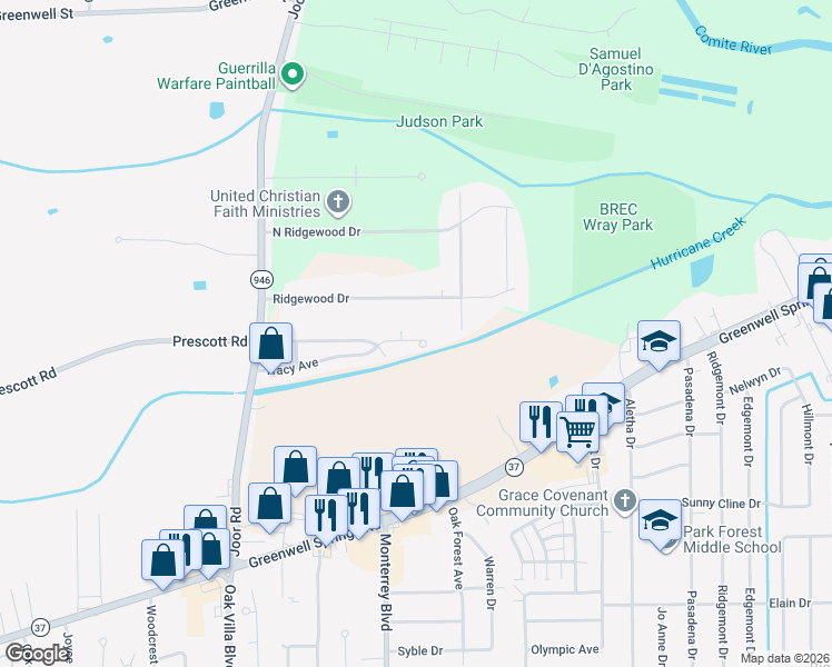 map of restaurants, bars, coffee shops, grocery stores, and more near 9412 Ridgewood Drive in Baton Rouge