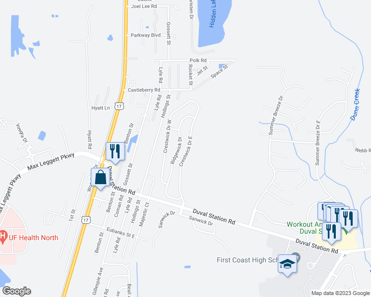 map of restaurants, bars, coffee shops, grocery stores, and more near 14028 Crestwick Drive East in Jacksonville