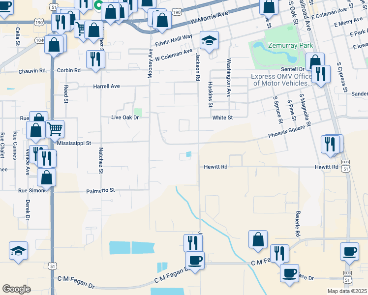 map of restaurants, bars, coffee shops, grocery stores, and more near 1211 Phoenix Square in Hammond
