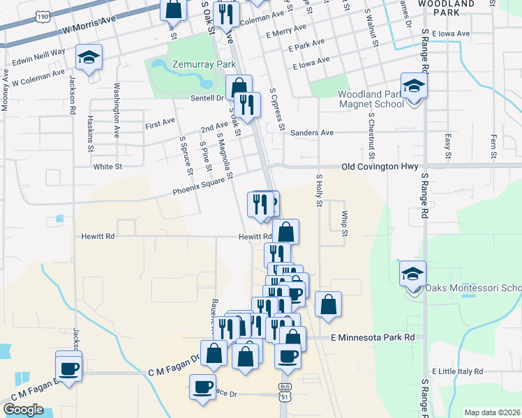 map of restaurants, bars, coffee shops, grocery stores, and more near in Hammond