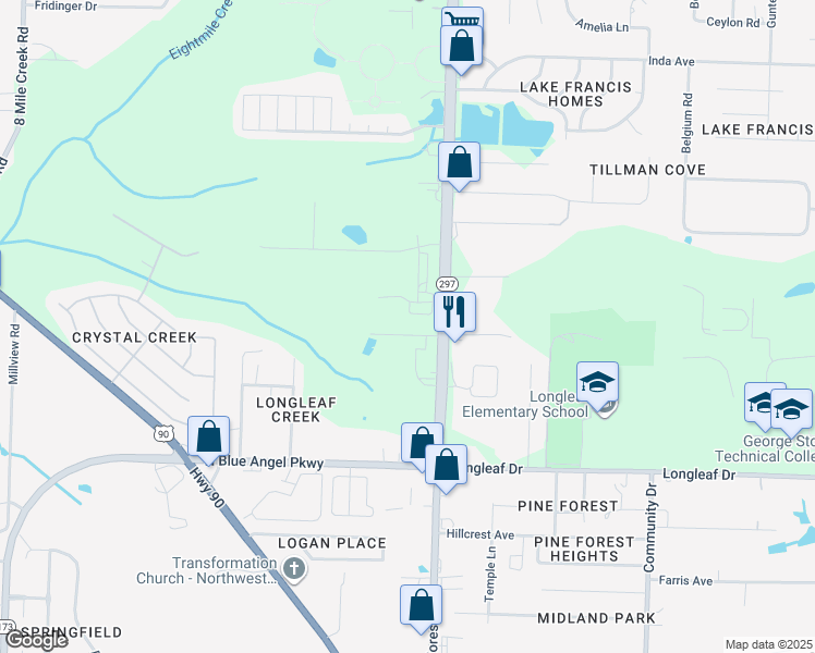 map of restaurants, bars, coffee shops, grocery stores, and more near 7017 Pine Forest Road in Pensacola