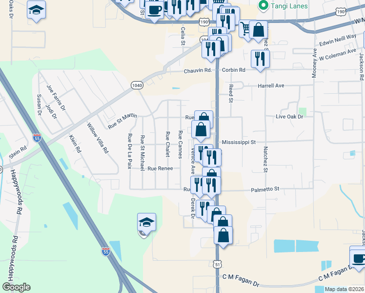 map of restaurants, bars, coffee shops, grocery stores, and more near 907 Rue Cannes in Hammond