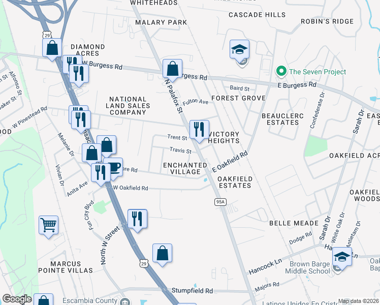 map of restaurants, bars, coffee shops, grocery stores, and more near 6840 Tiki Lane in Pensacola
