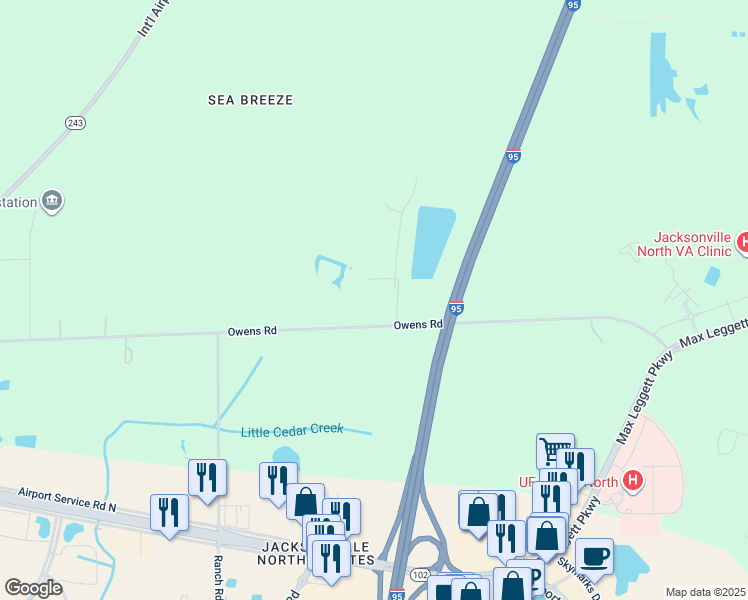 map of restaurants, bars, coffee shops, grocery stores, and more near 14198 Sharon Owens Road in Jacksonville