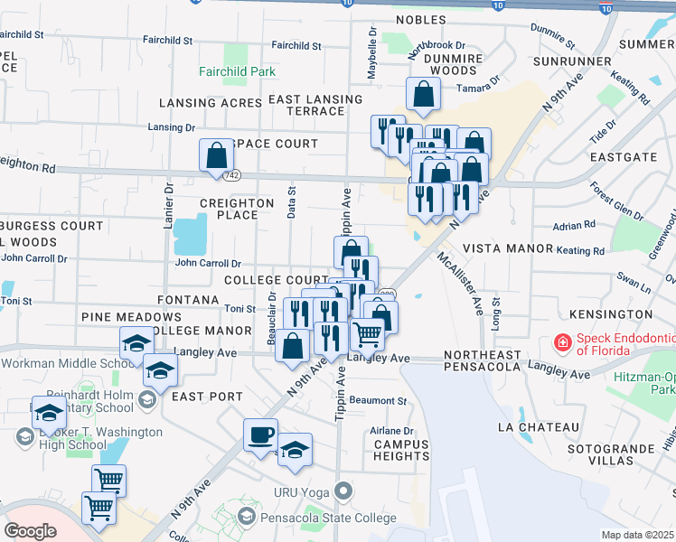 map of restaurants, bars, coffee shops, grocery stores, and more near 2390 John Carroll Drive in Pensacola