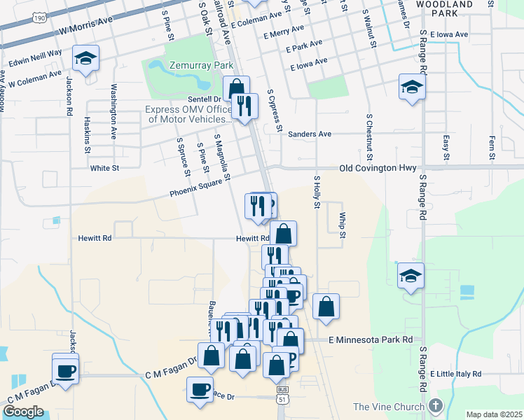 map of restaurants, bars, coffee shops, grocery stores, and more near 1290 Southwest Railroad Avenue in Hammond