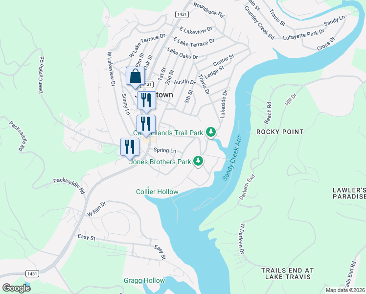 map of restaurants, bars, coffee shops, grocery stores, and more near 18303 Park Drive in Jonestown