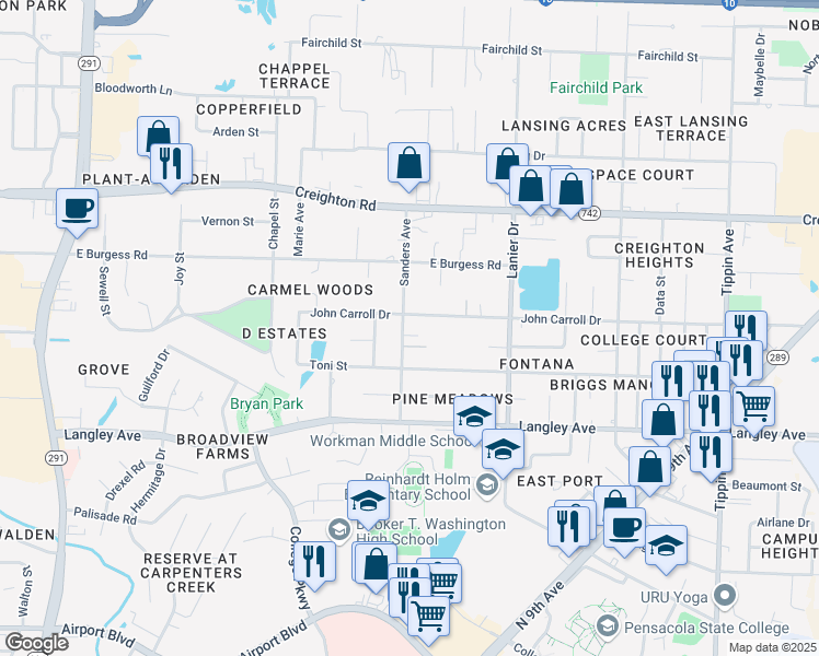 map of restaurants, bars, coffee shops, grocery stores, and more near 6540 Sanders Street in Pensacola