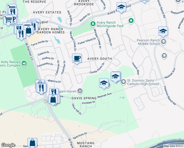 map of restaurants, bars, coffee shops, grocery stores, and more near 9301 Castle Pines Drive in Austin