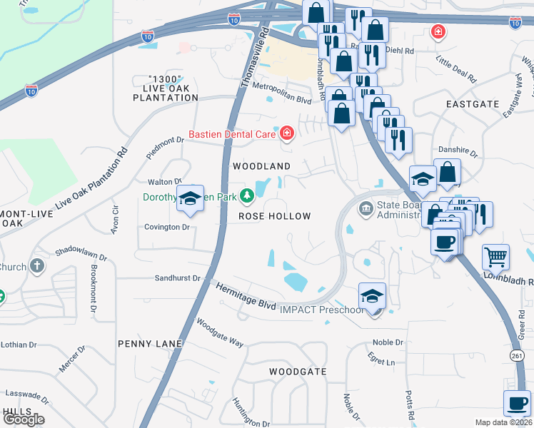 map of restaurants, bars, coffee shops, grocery stores, and more near 3114 Brockton Way in Tallahassee