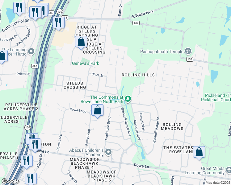 map of restaurants, bars, coffee shops, grocery stores, and more near 21300 Windmill Ranch Avenue in Pflugerville