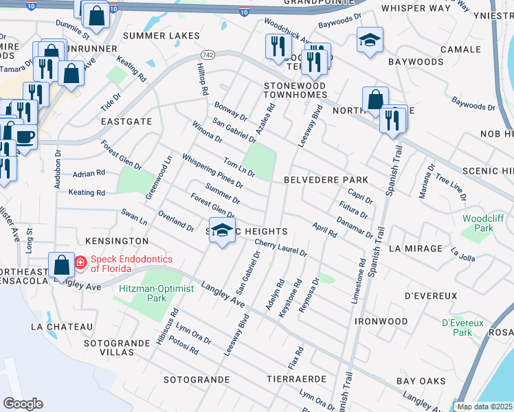 map of restaurants, bars, coffee shops, grocery stores, and more near 3890 Summer Drive in Pensacola