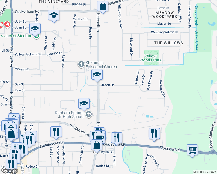 map of restaurants, bars, coffee shops, grocery stores, and more near 1022 Jason Drive in Denham Springs