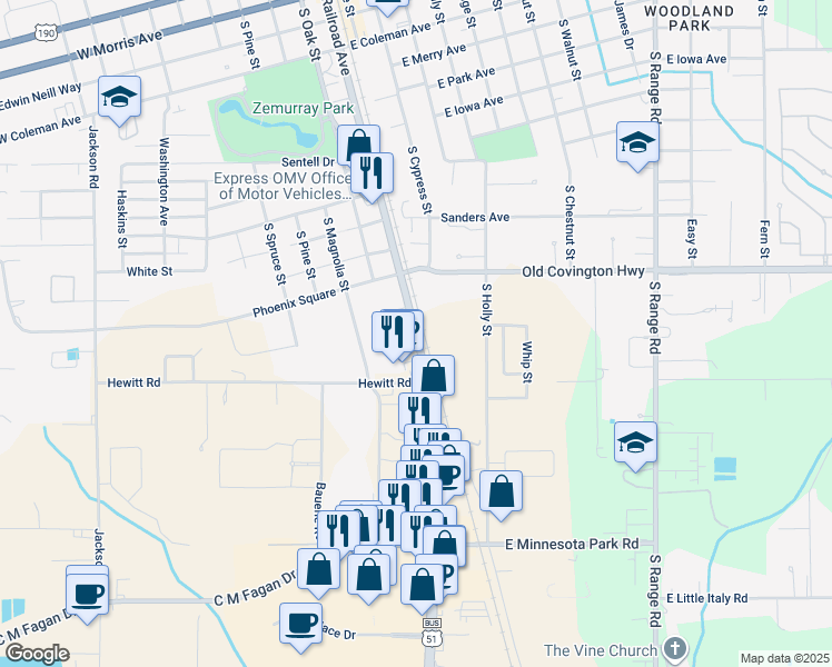 map of restaurants, bars, coffee shops, grocery stores, and more near Southwest Railroad Avenue in Hammond