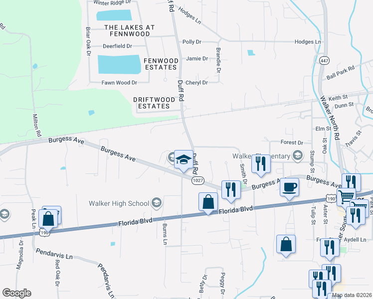 map of restaurants, bars, coffee shops, grocery stores, and more near 32581A Duff Road in Walker